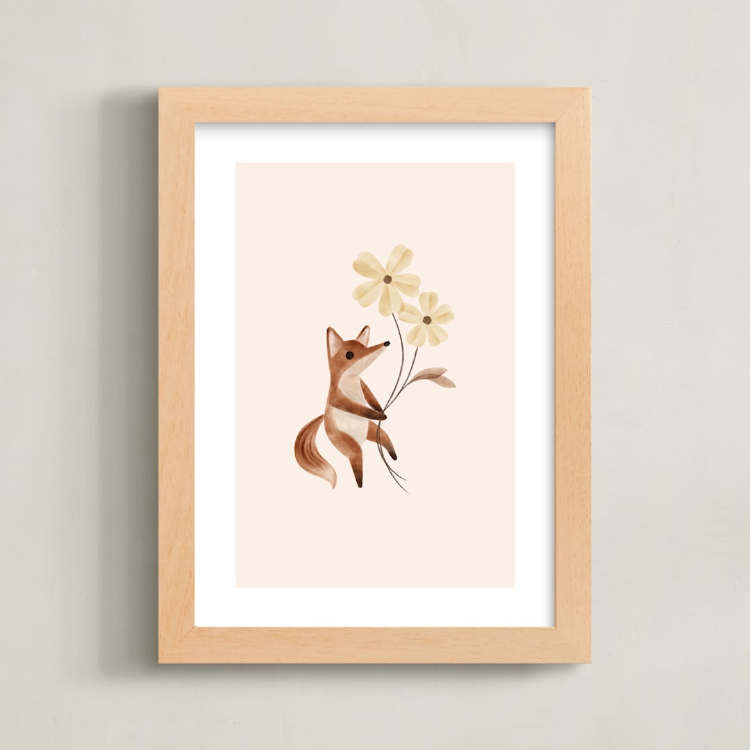 "fox with flowers" - Art Print in Tan by Vivian Yiwing - Framed
