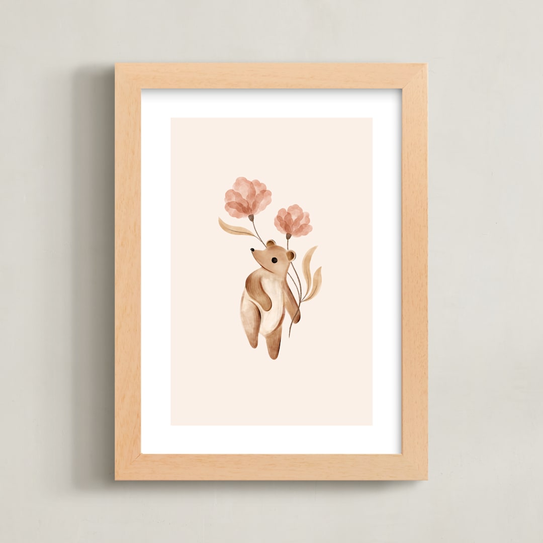 "Bear with Flowers" - Art Print in Tan by Vivian Yiwing - Framed