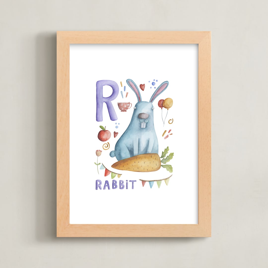 "R is for Rabbit" - Art Print in Rabbit blue by Anastasia Semanina - Framed