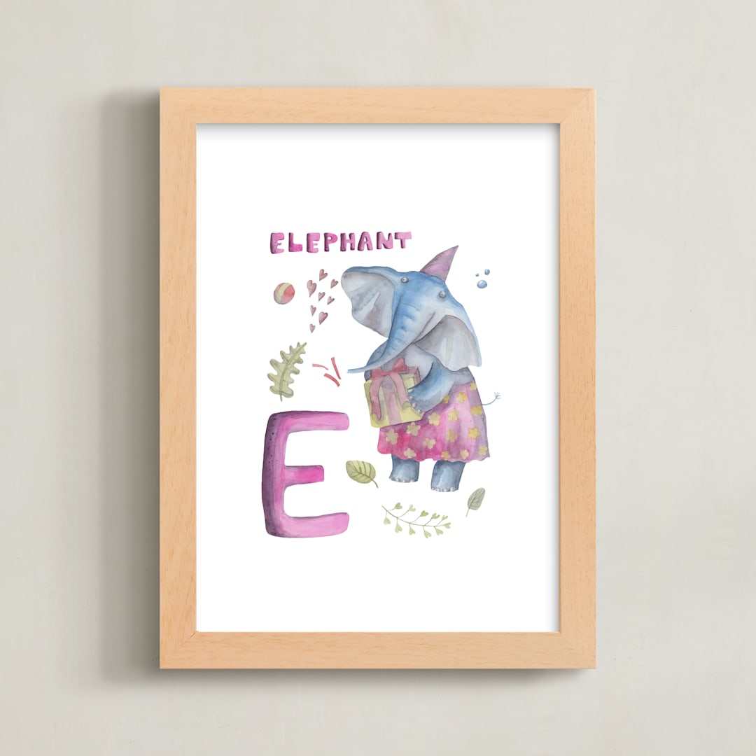 "E = Elephant" - Art Print in Elephant pink by Anastasia Semanina - Framed