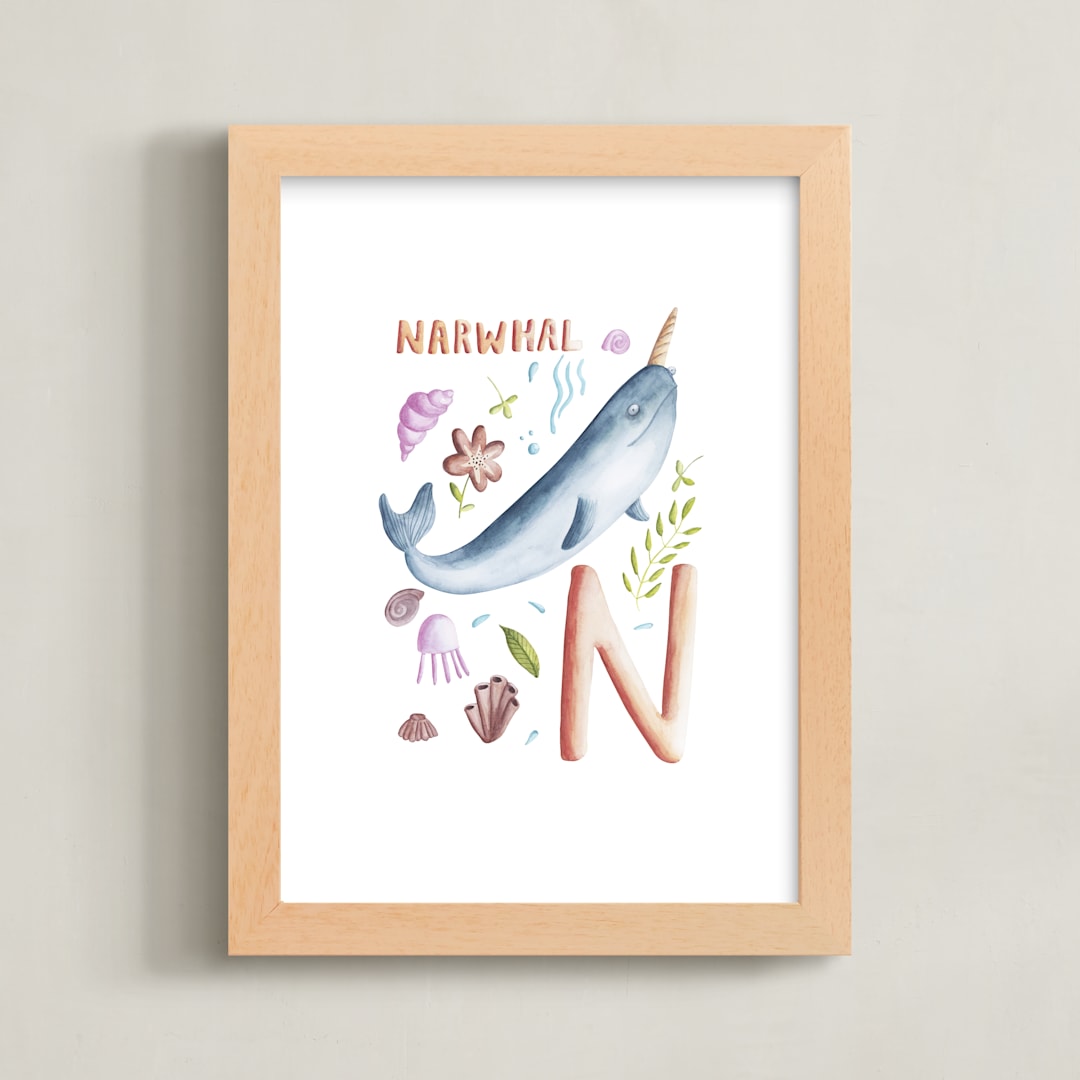 "N is for Narwhal" - Art Print in Narwhal blue by Anastasia Semanina - Framed