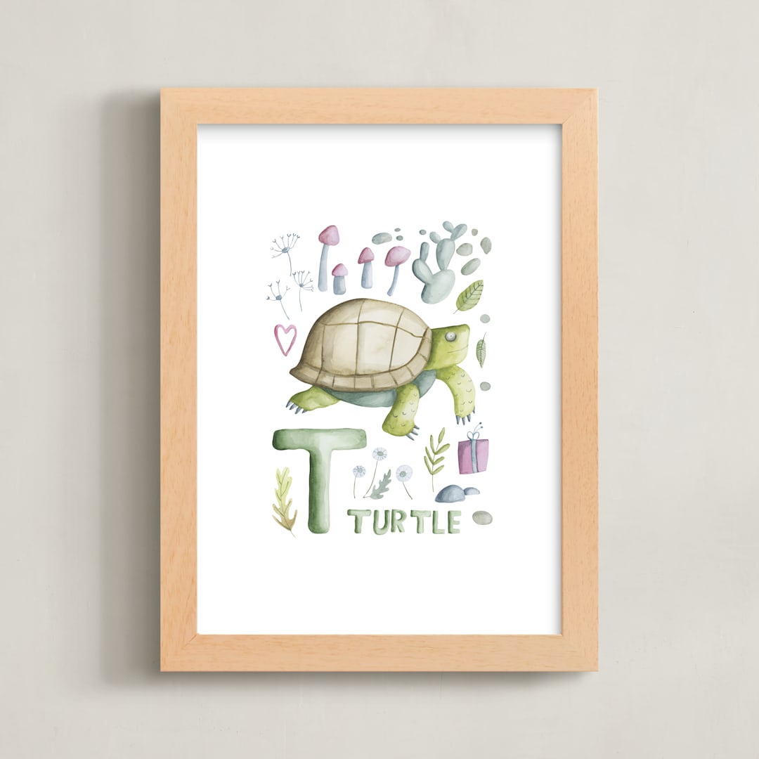 "T is for turtle" - Art Print in Turtle green by Anastasia Semanina - Framed