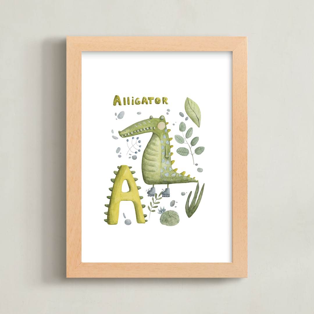 "A = Alligator" - Art Print in Alligator green by Anastasia Semanina - Framed