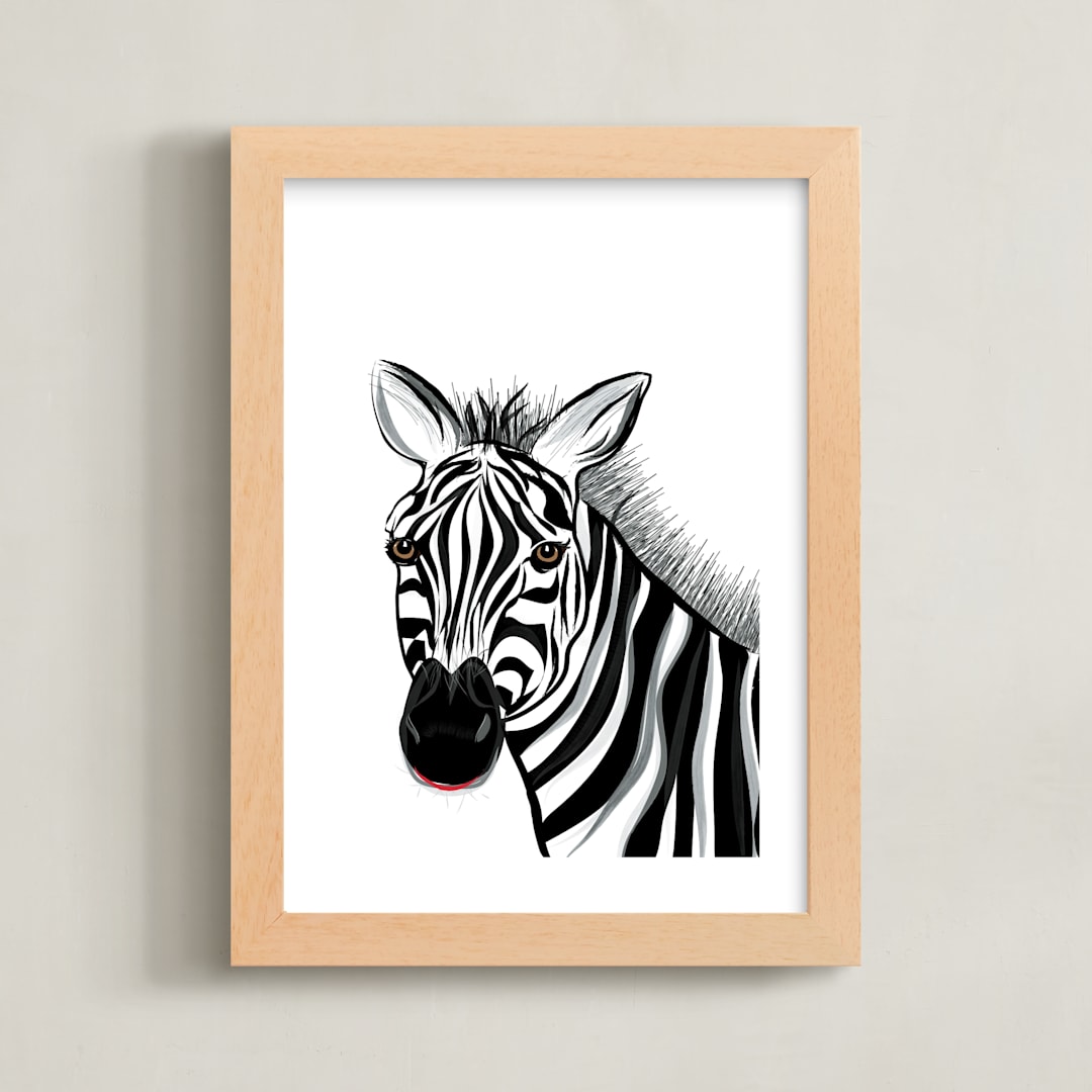 "Hello Zebra" - Art Print in black striped by Rebecca Marchese - Framed