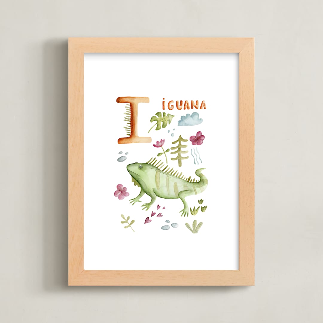 "I is for Iguana" - Art Print in Iguana green by Anastasia Semanina - Framed