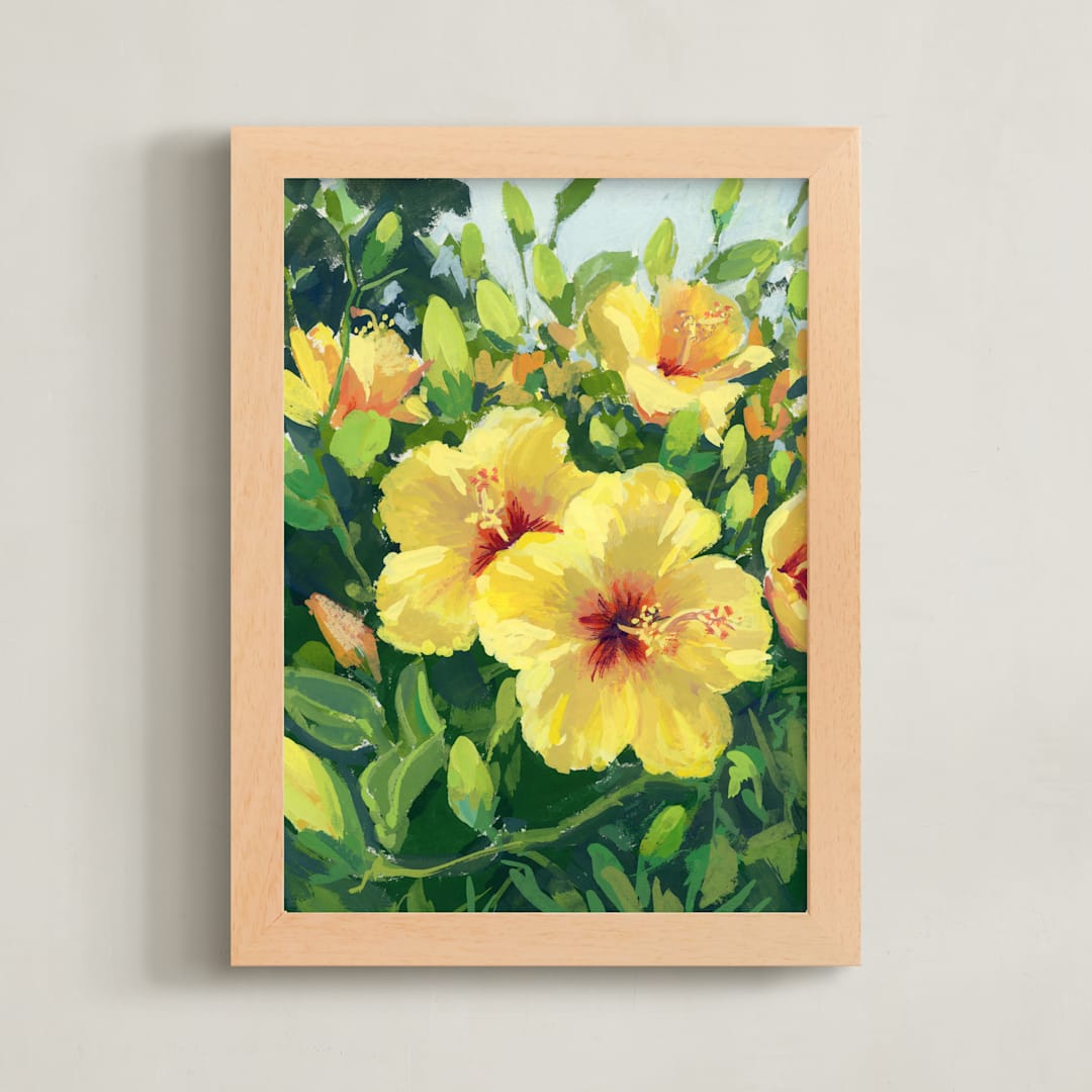 "Golden Hibiscus" - Art Print in Golden by sue prue - Framed