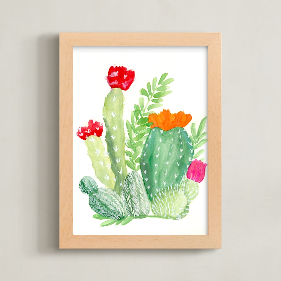 "Cactus In Bloom" - Art Print in Cactus Green by Lizzie Bowman - Framed