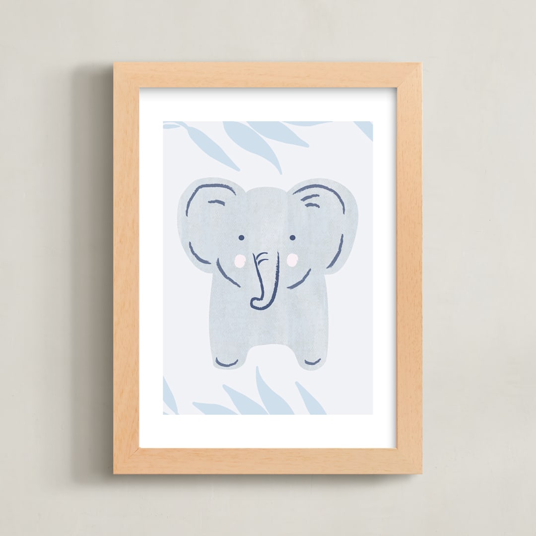 "Elephant Portrait" - Art Print in Calm Blue by Carolyn MacLaren - Framed