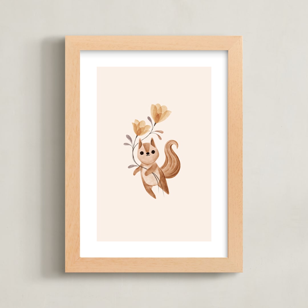 "Squirrel with Flowers" - Art Print in Tan by Vivian Yiwing - Framed