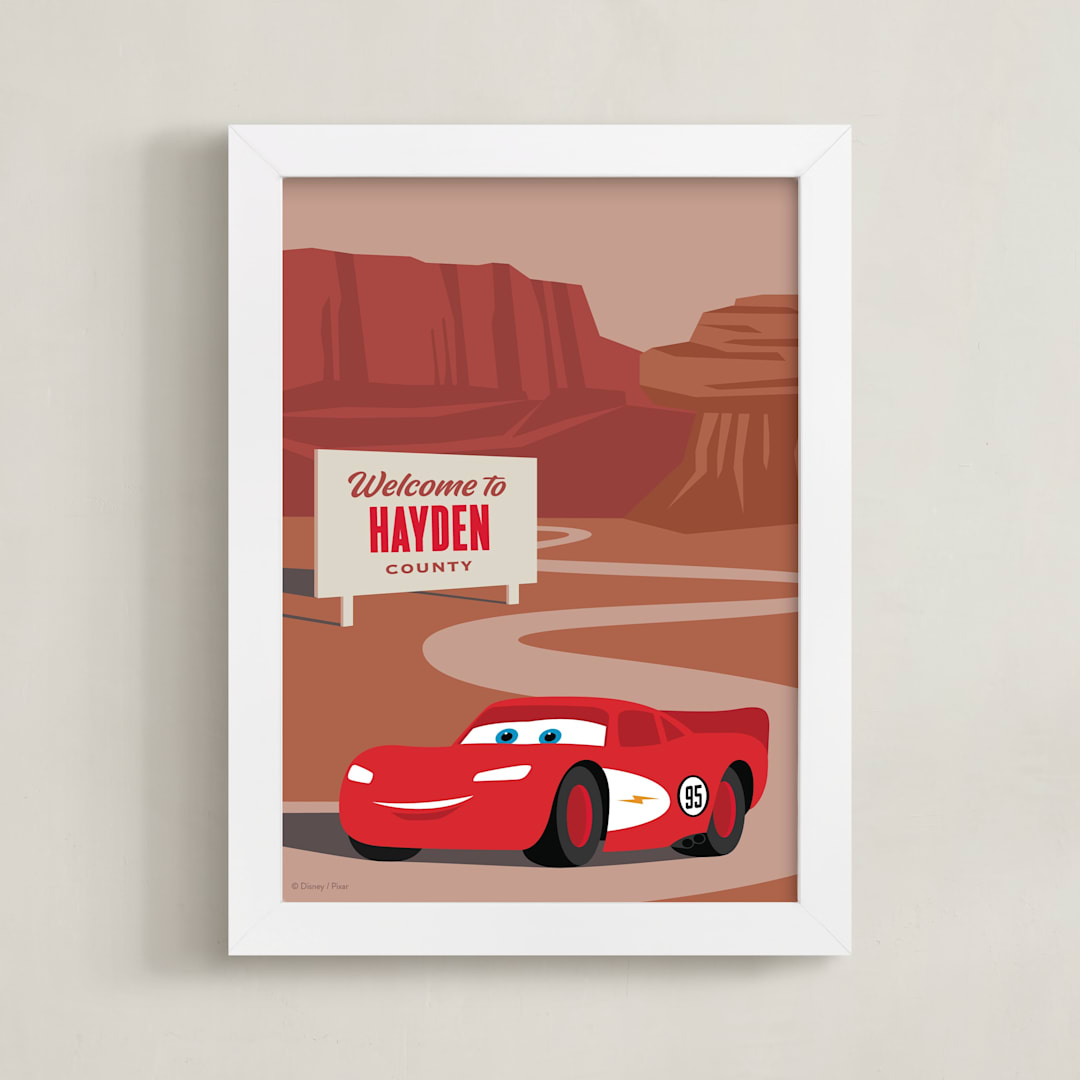 "Lightning McQueen Route 66 from Disney and Pixar's Cars" - Personalized Art Print in Red Rock by Jill Means - Framed