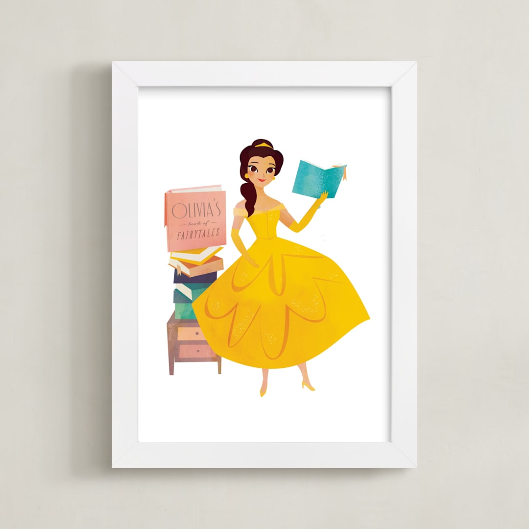 "Storytime with Belle from Disney's Beauty And The Beast" - Personalized Art Print in Golden yellow by Lori Wemple - Framed