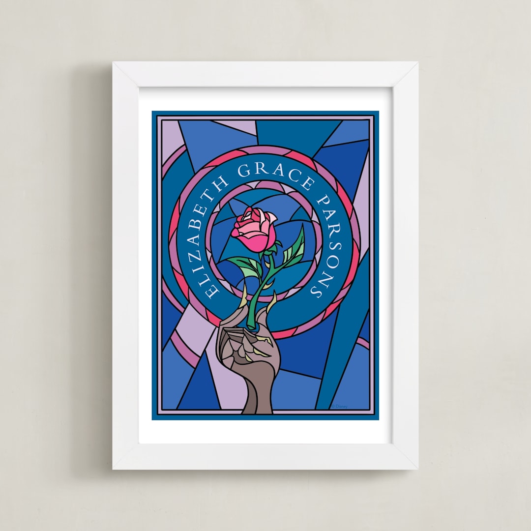 "Disney's Beauty And The Beast Stained Glass" - Personalized Art Print in Blue by Katharine Watson - Framed