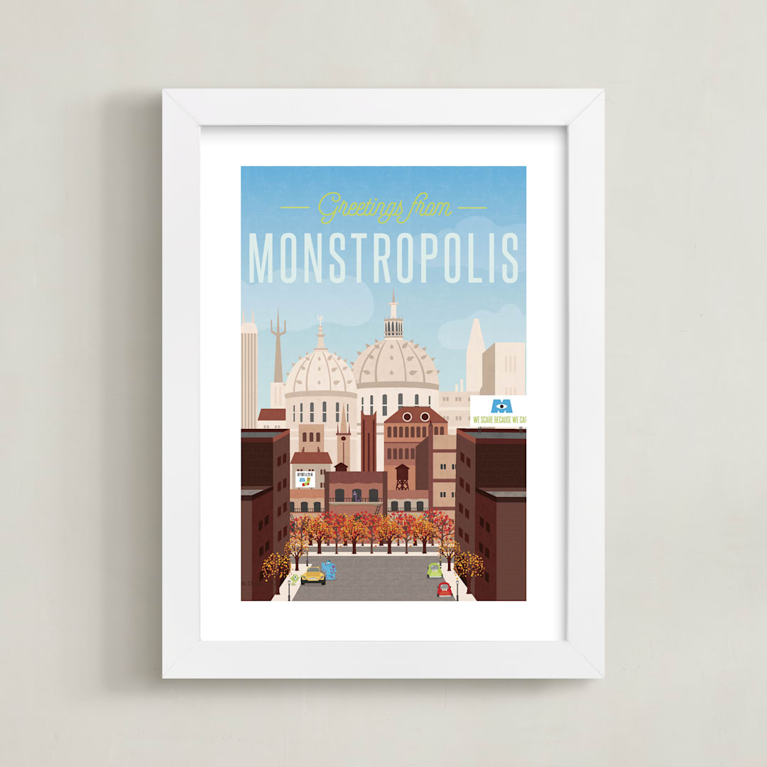 "Greetings from Monstropolis" - Art Print in Sky Blue by Erica Krystek - Framed