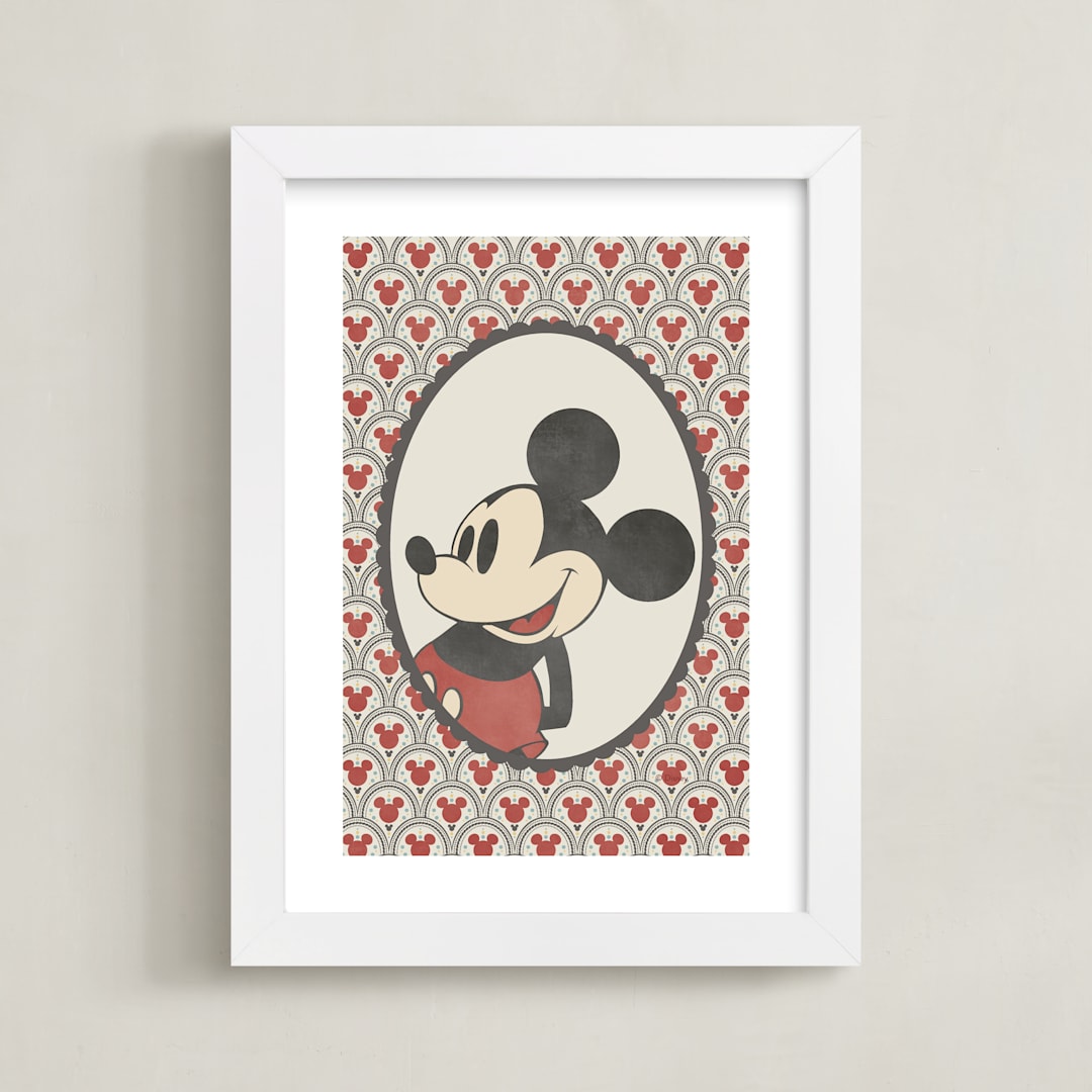 "Disney's Mickey Antique Wallpaper" - Art Print in Red by Heather Schertzer - Framed
