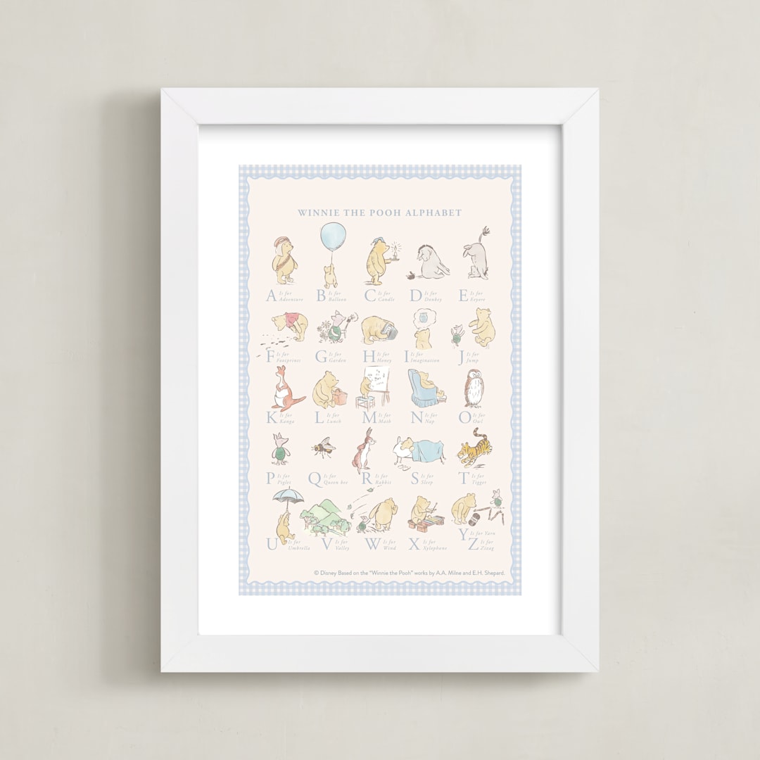 "Disney Winnie The Pooh alphabet" - Art Print in Baby Blue by Sabrin Deirani - Framed