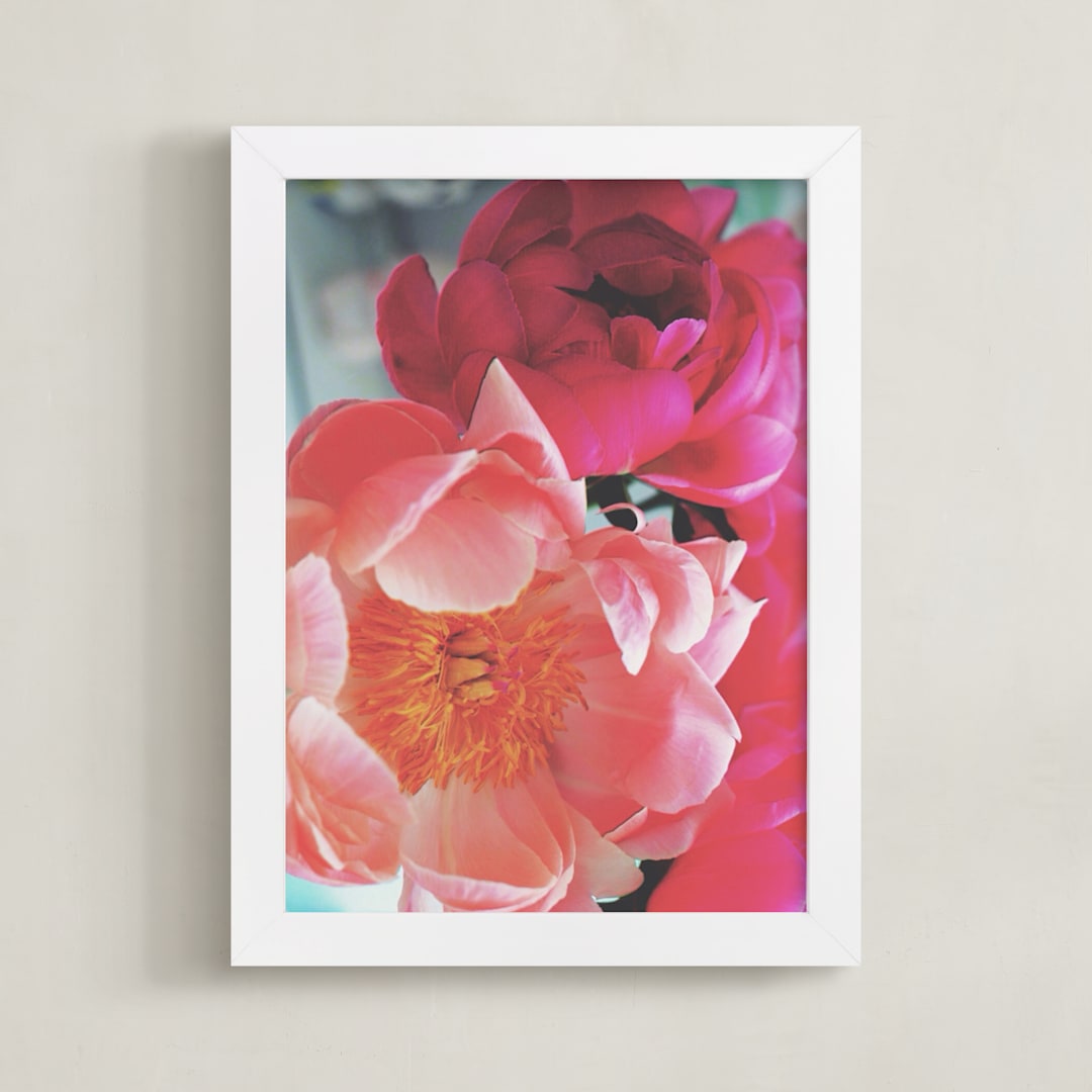"Vintage Peonies" - Art Print in peachy pinks by HafnHafStudio - Framed