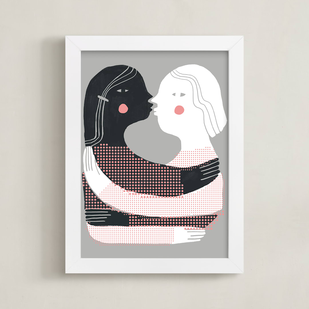 "Girl Meets Girl" - Art Print in chalk gray by Gina Ortiz - Framed