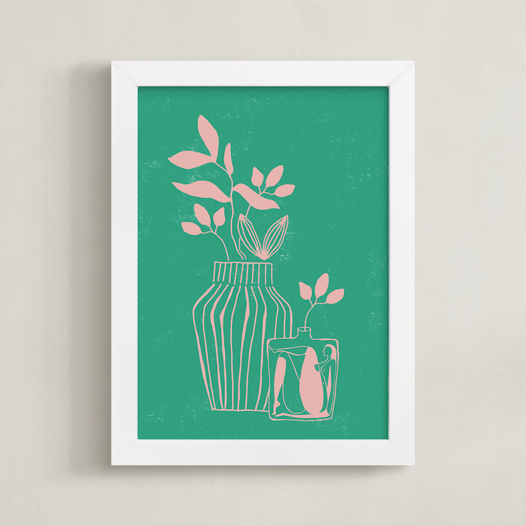 "Stuck In A Vase" - Art Print in Watermelon Green by Lo Mead - Framed