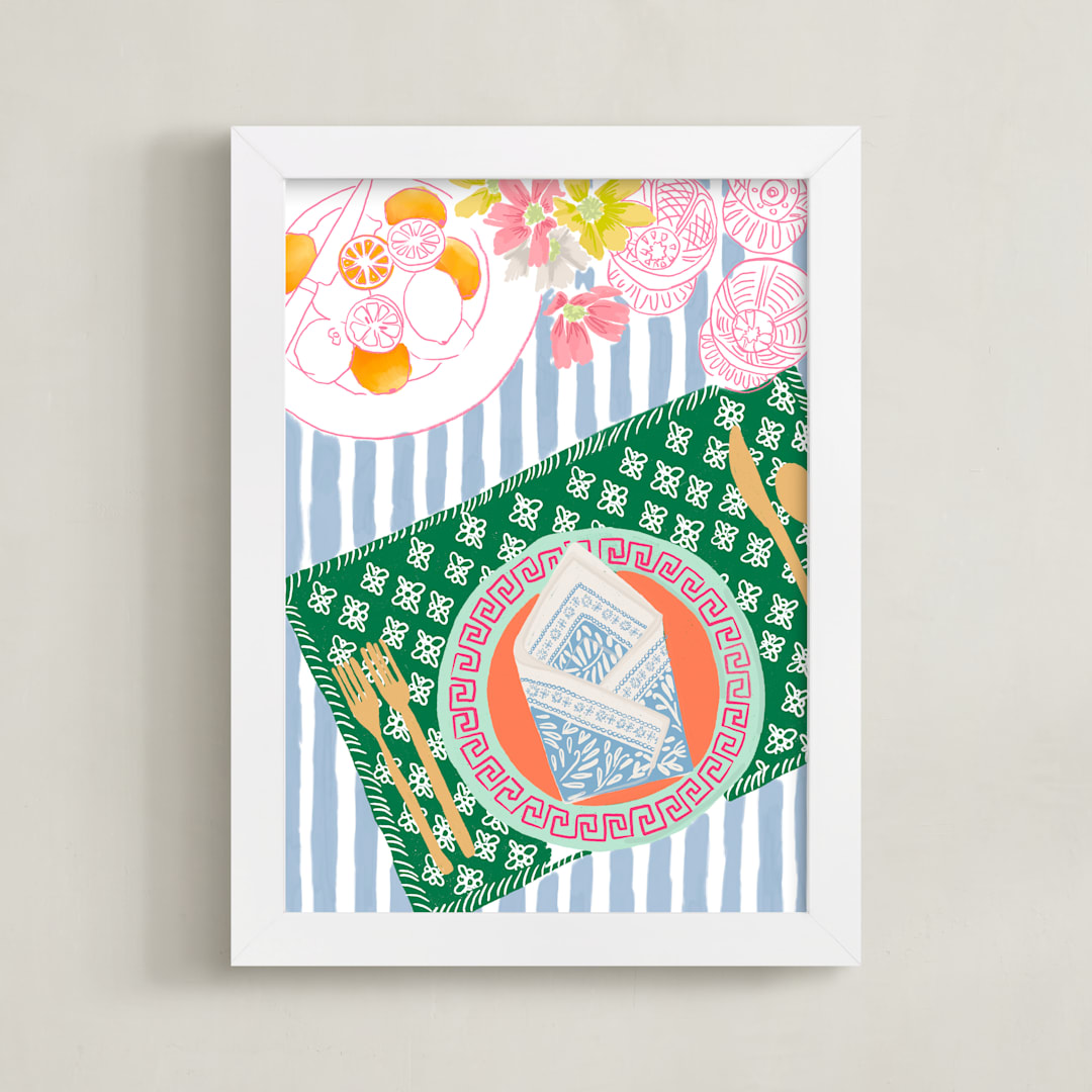 "Dinner For One" - Art Print in Powder Blue by Mariana Suárez Pierre - Framed