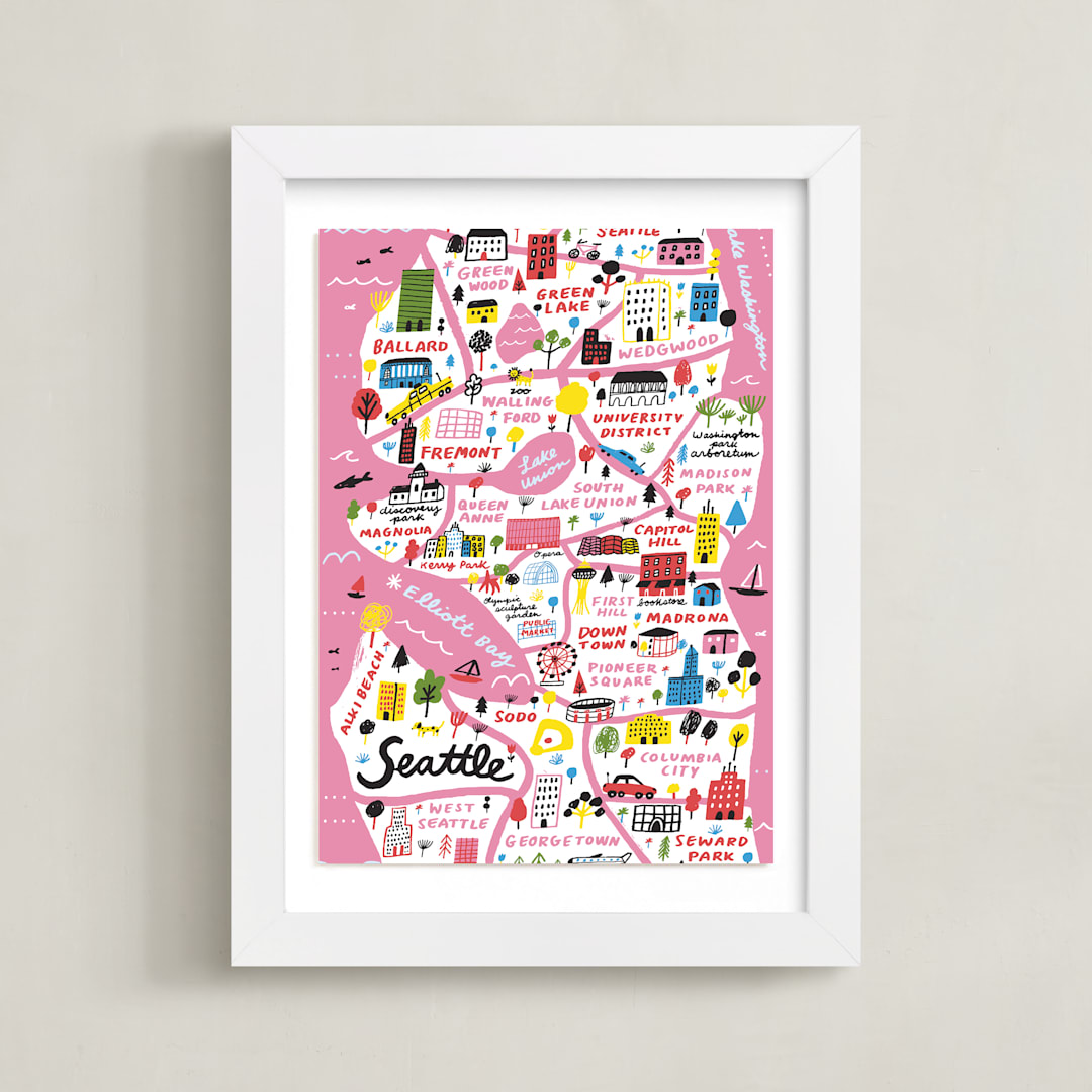"I Love Seattle" - Art Print in Flamingo Pink by Jordan Sondler - Framed