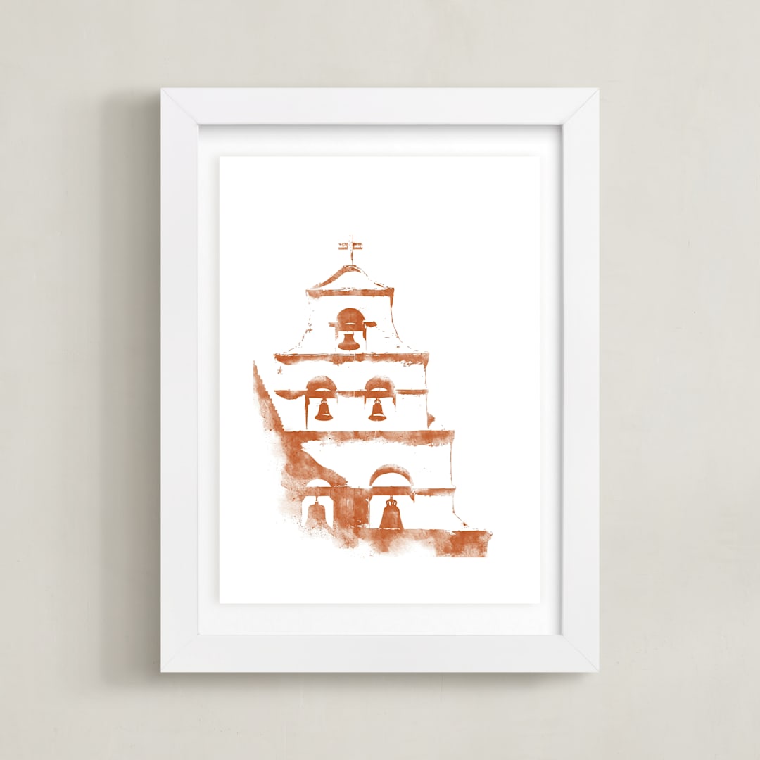 "San Diego Mission" - Art Print in Terracotta by Paul Berthelot - Framed