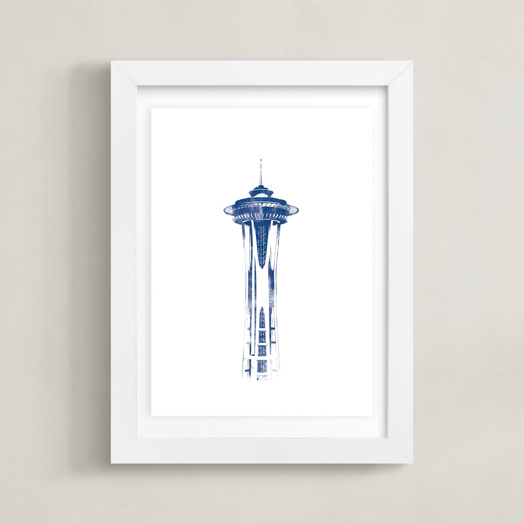 "Space Needle" - Art Print in Navy by Paul Berthelot - Framed