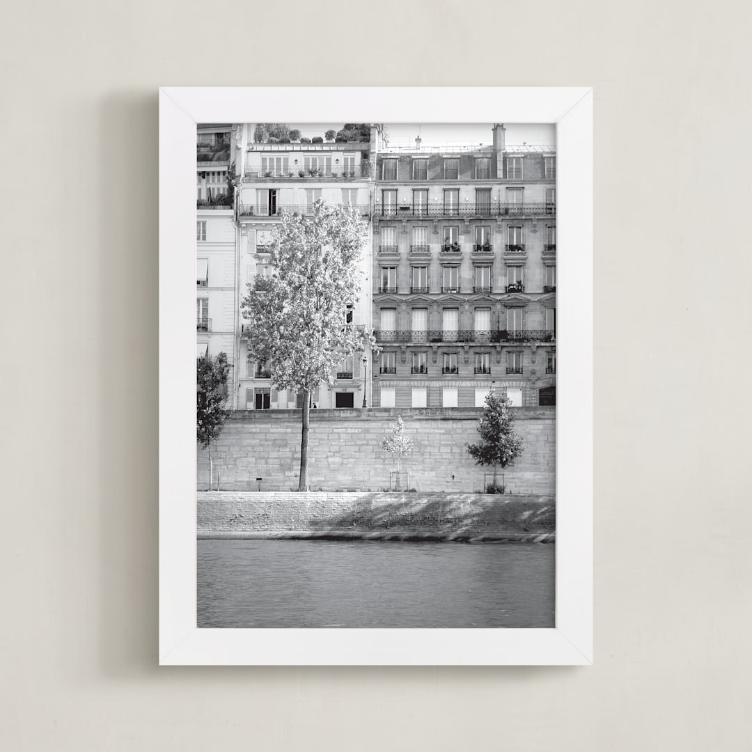 "Morning Walk on the Seine" - Art Print in black and white by Sharon Rowan - Framed