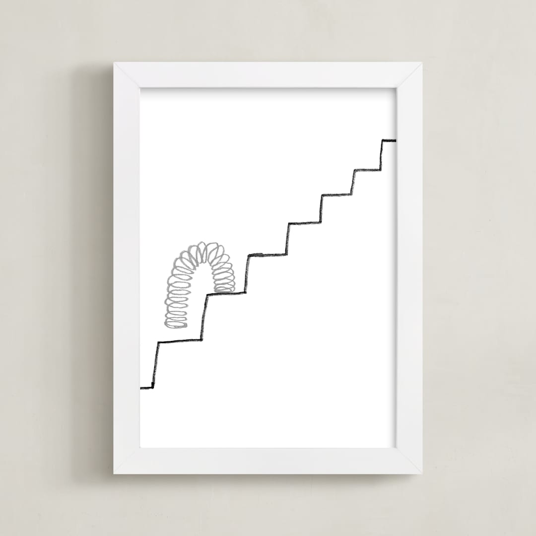 "Slinky on the Stairs" - Art Print in grayscale by Elliot Stokes - Framed