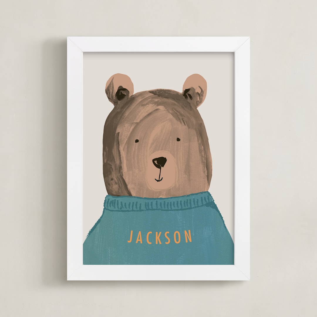 "Little Bear" - Personalized Art Print in Teal by Teju Reval - Framed