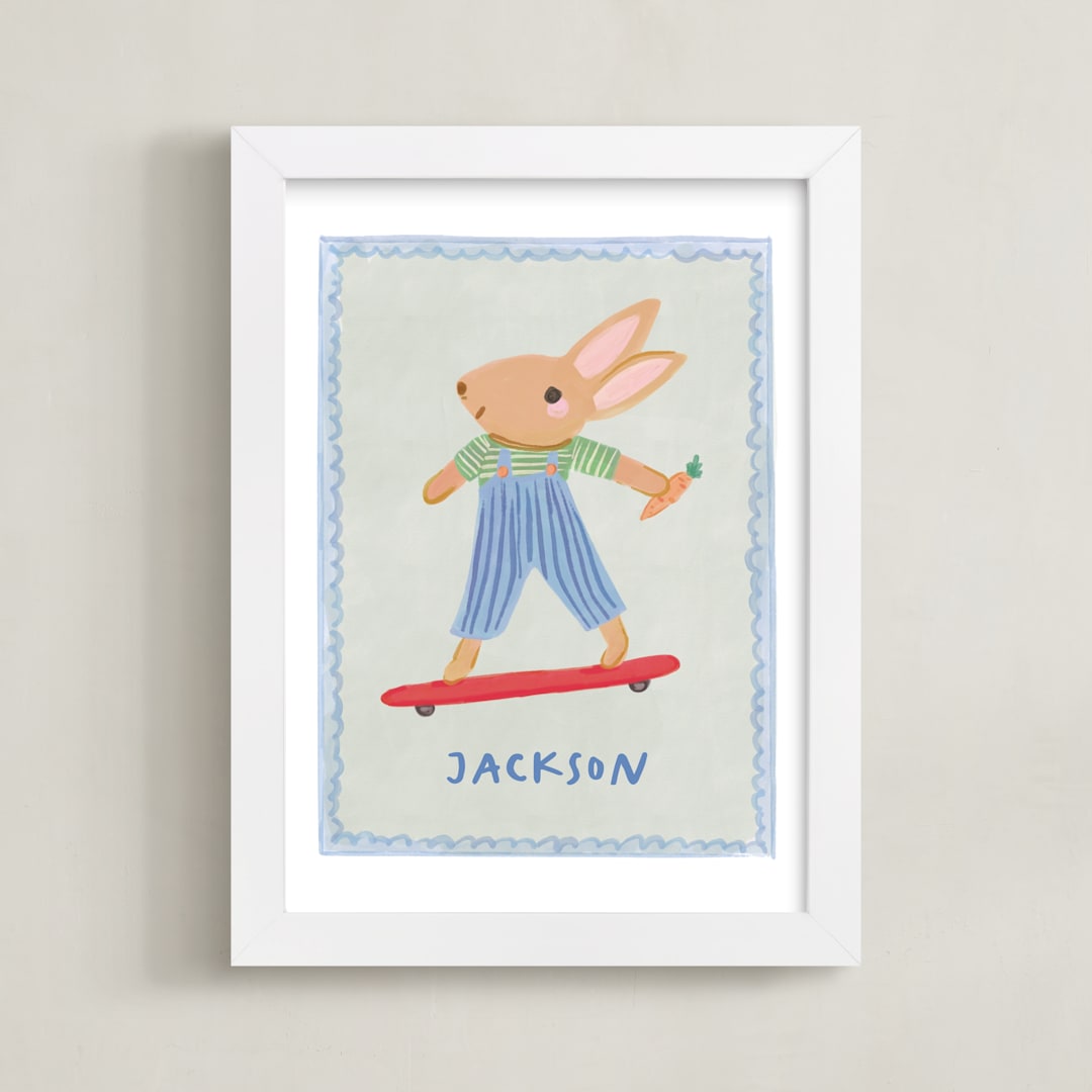 "Bunny on a Roll" - Personalized Art Print in Blue by Creo Study - Framed