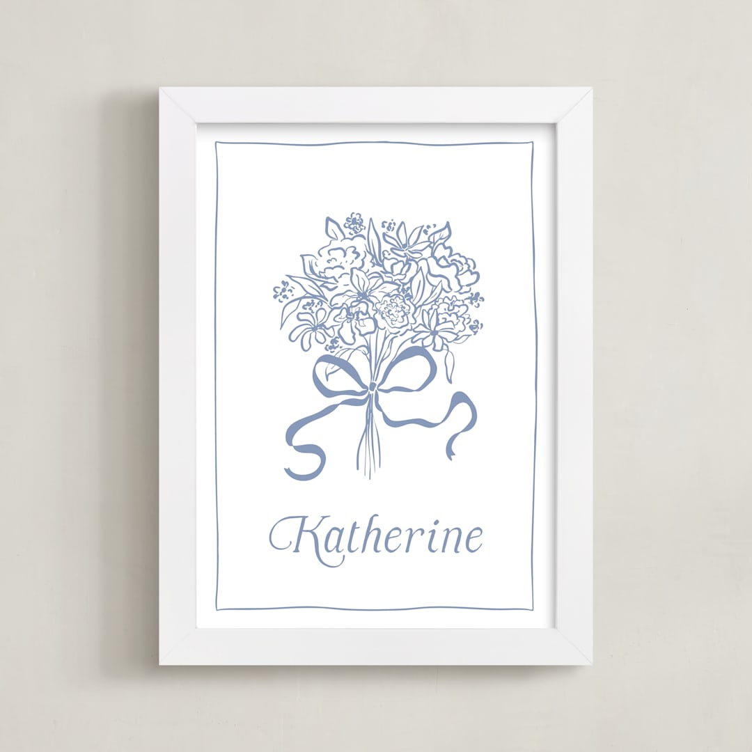 "Bow on Bouquet" - Personalized Art Print in Powder Blue by Becky Nimoy - Framed