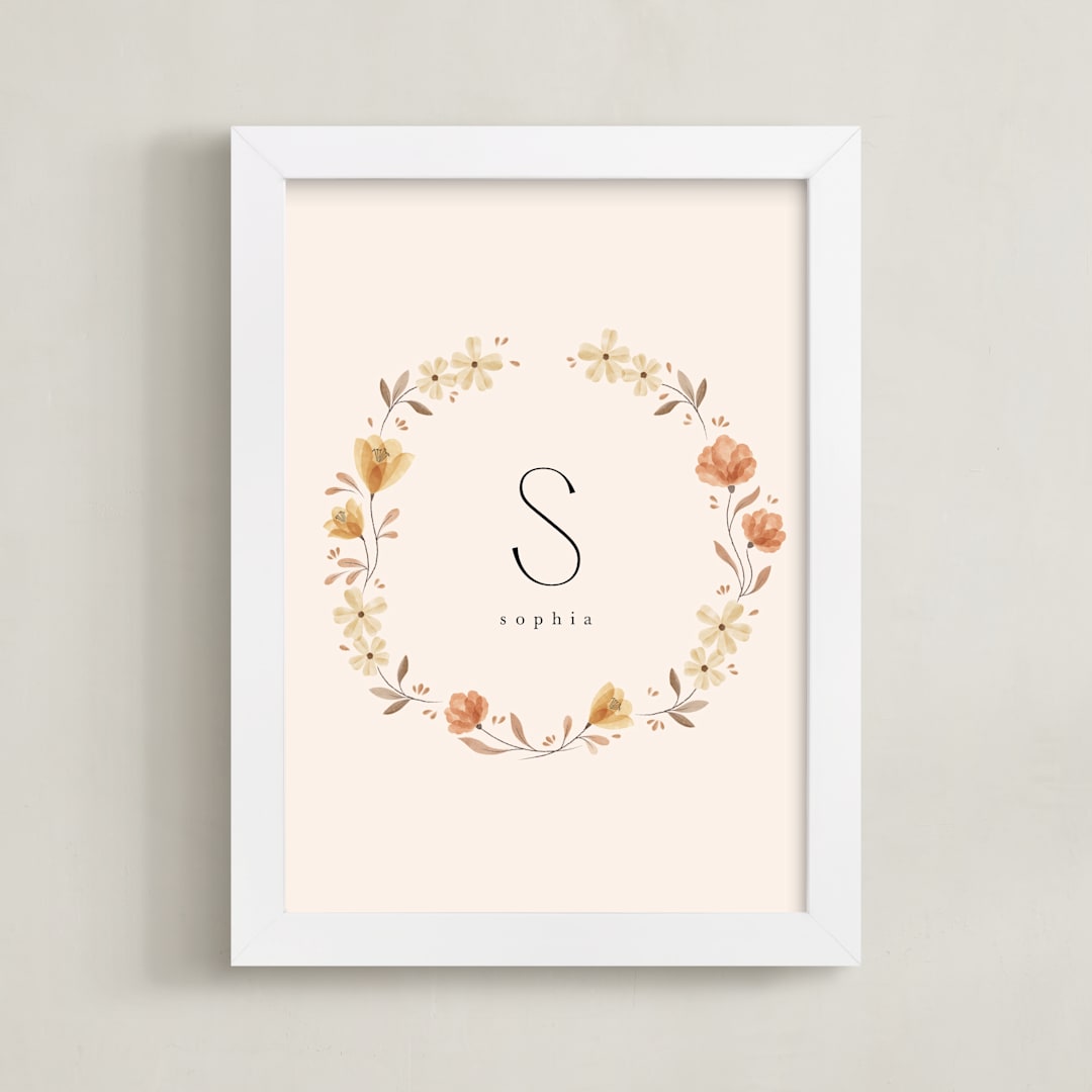 "Name with Flowers - Custom" - Personalized Art Print in Tan by Vivian Yiwing - Framed