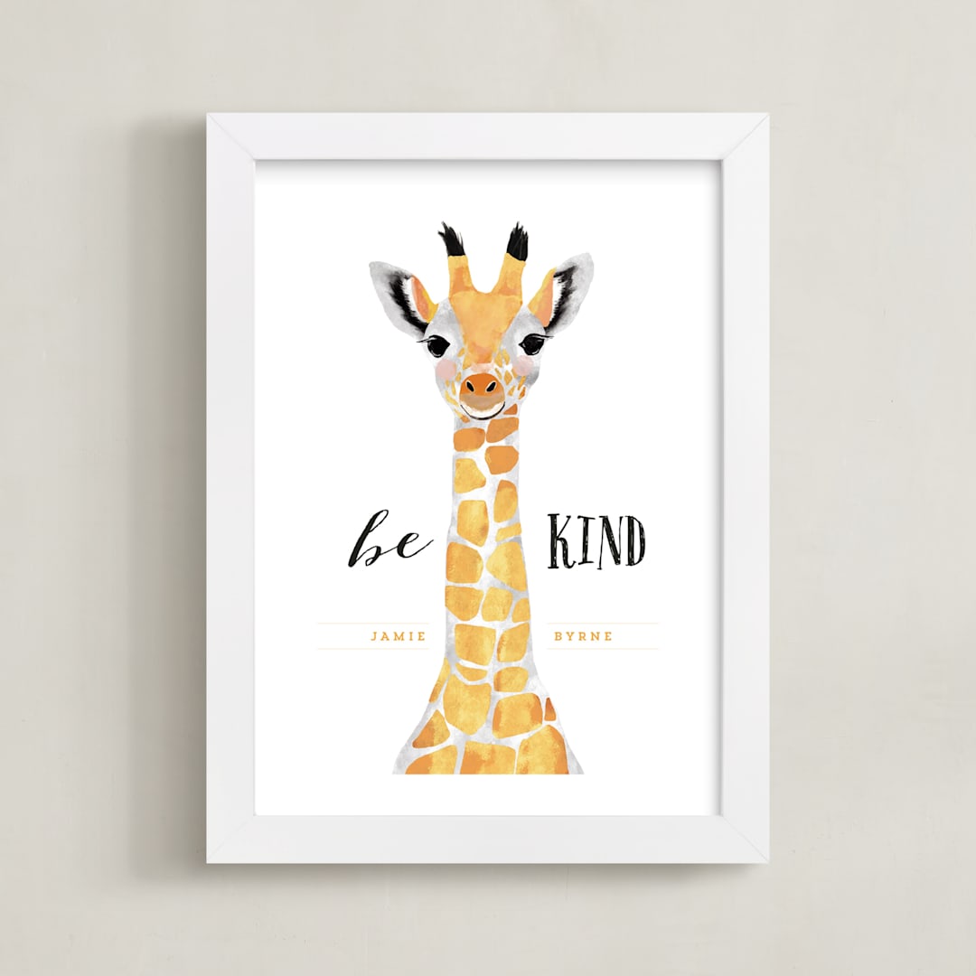 "baby animal.giraffe" - Personalized Art Print in tangerine by Cass Loh - Framed