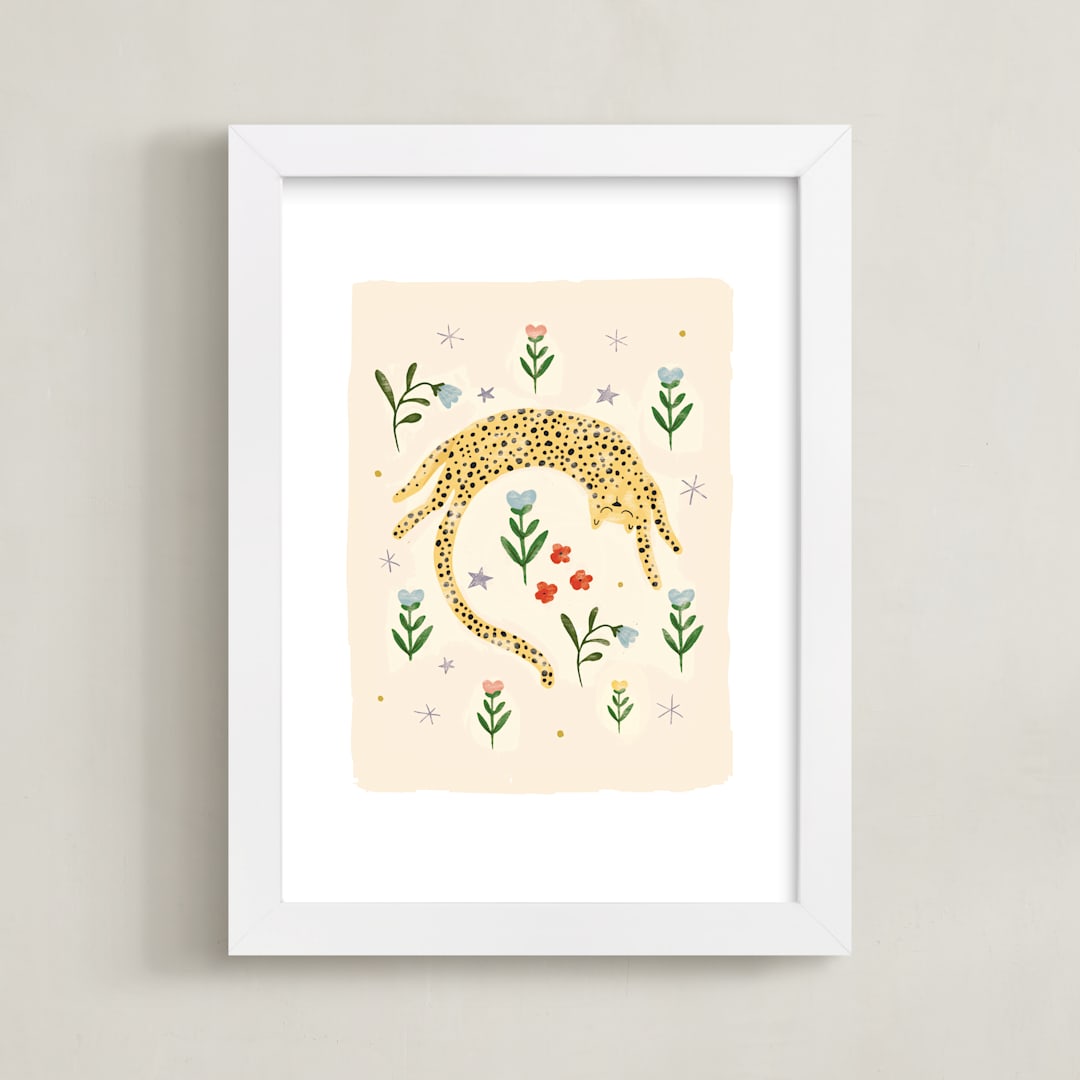 "tumbling cheetah" - Art Print in peach by Hannah Williams - Framed