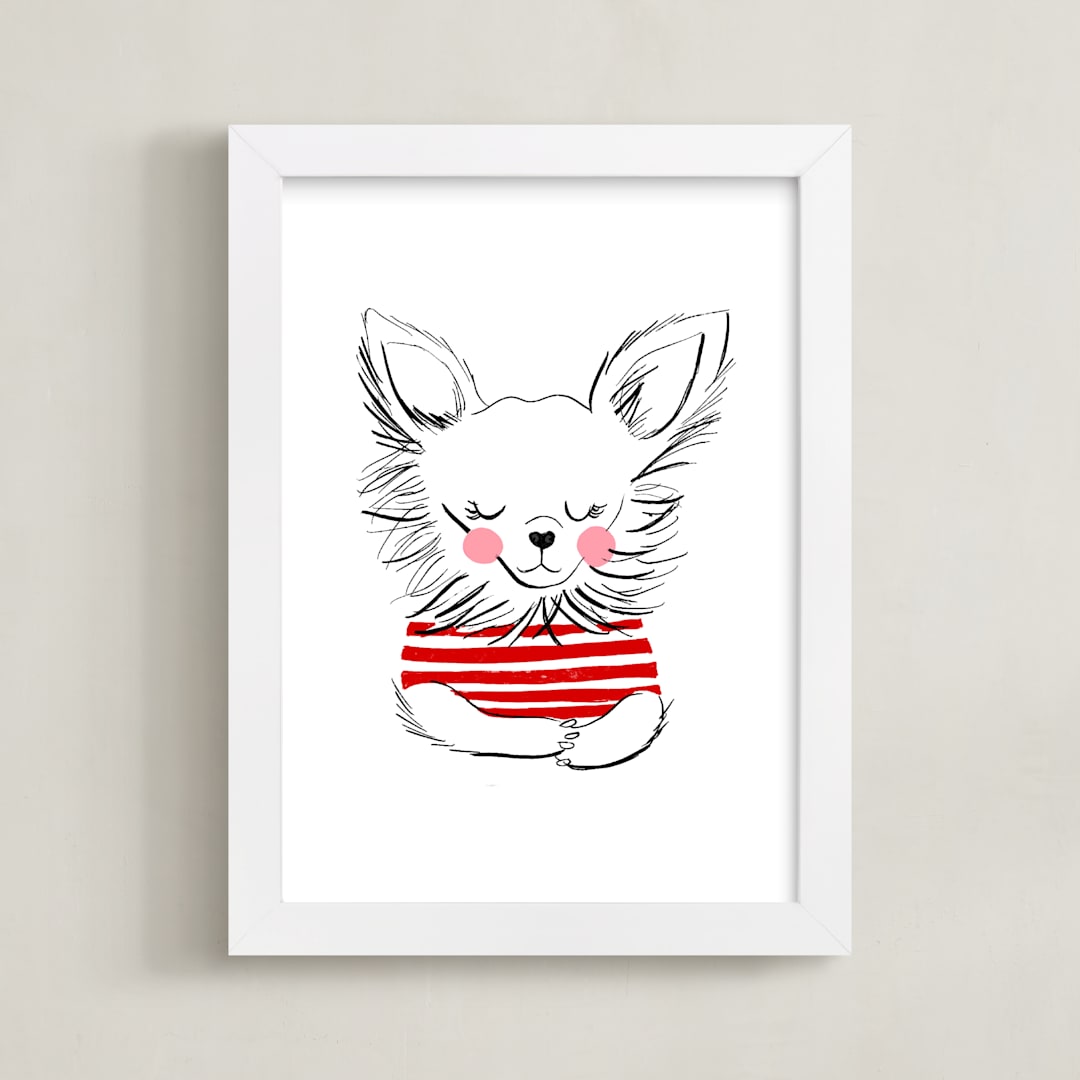 "dog in stripes" - Art Print in Cranberry by Little Miss Missy - Framed