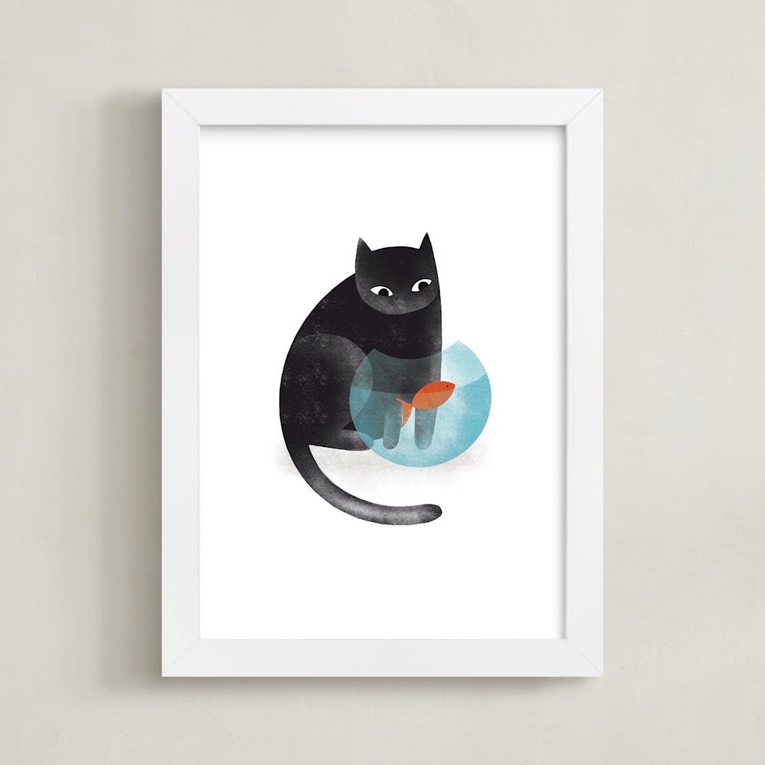 "Black Cat and goldfish" - Art Print in Black by Farinaz Vaseghi - Framed