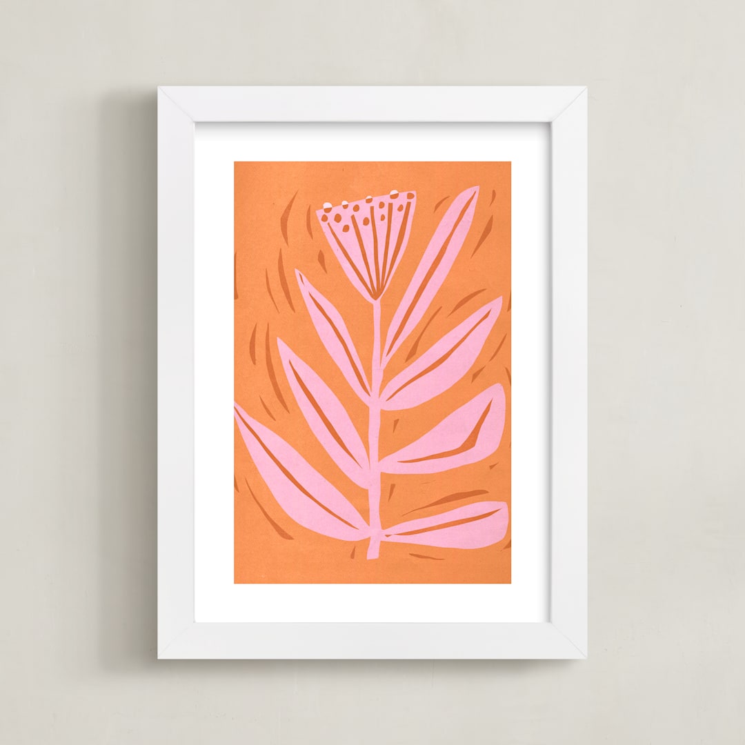 "Tall Flower" - Art Print in peach sorbet by Brandie Stonge - Framed