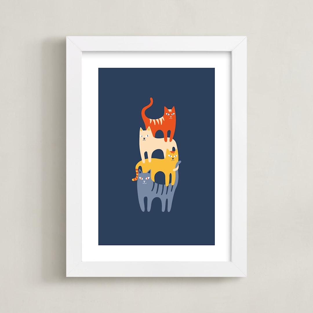 "Catstack" - Art Print in Navy by Nieves Herranz - Framed