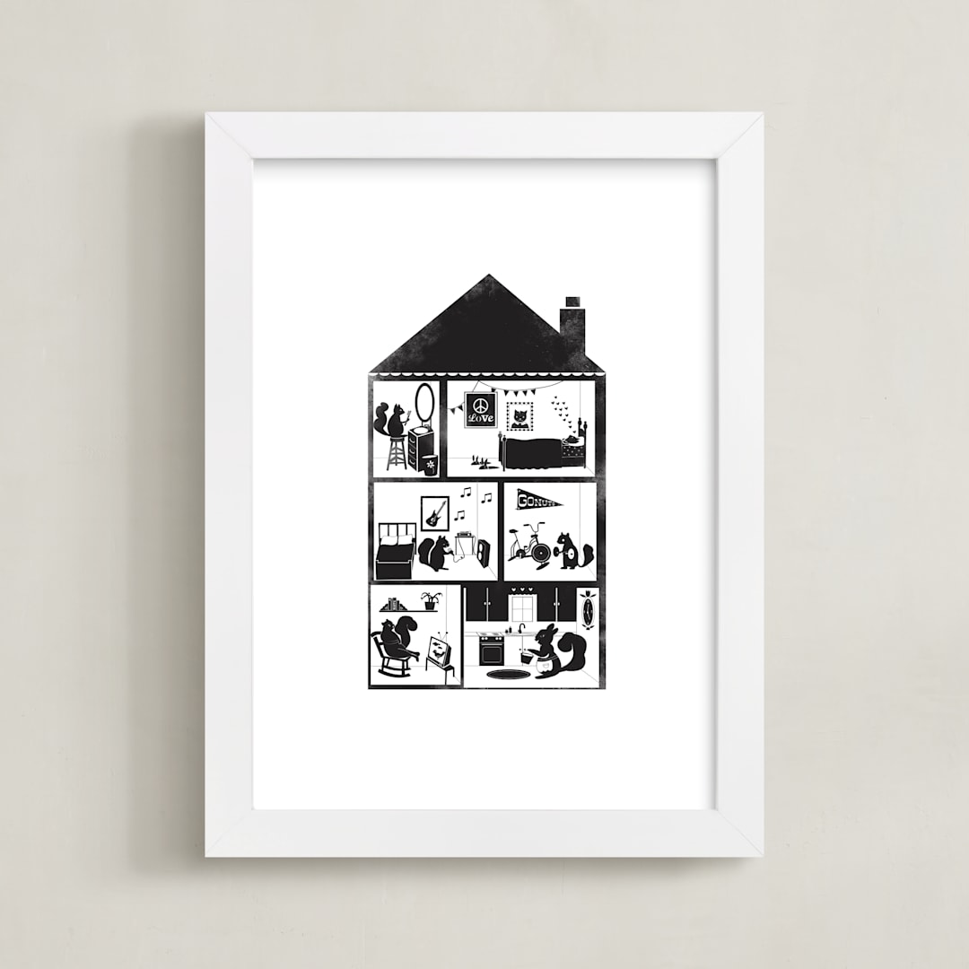 "Squirrel House" - Art Print in Charcoal by Krista Messer - Framed
