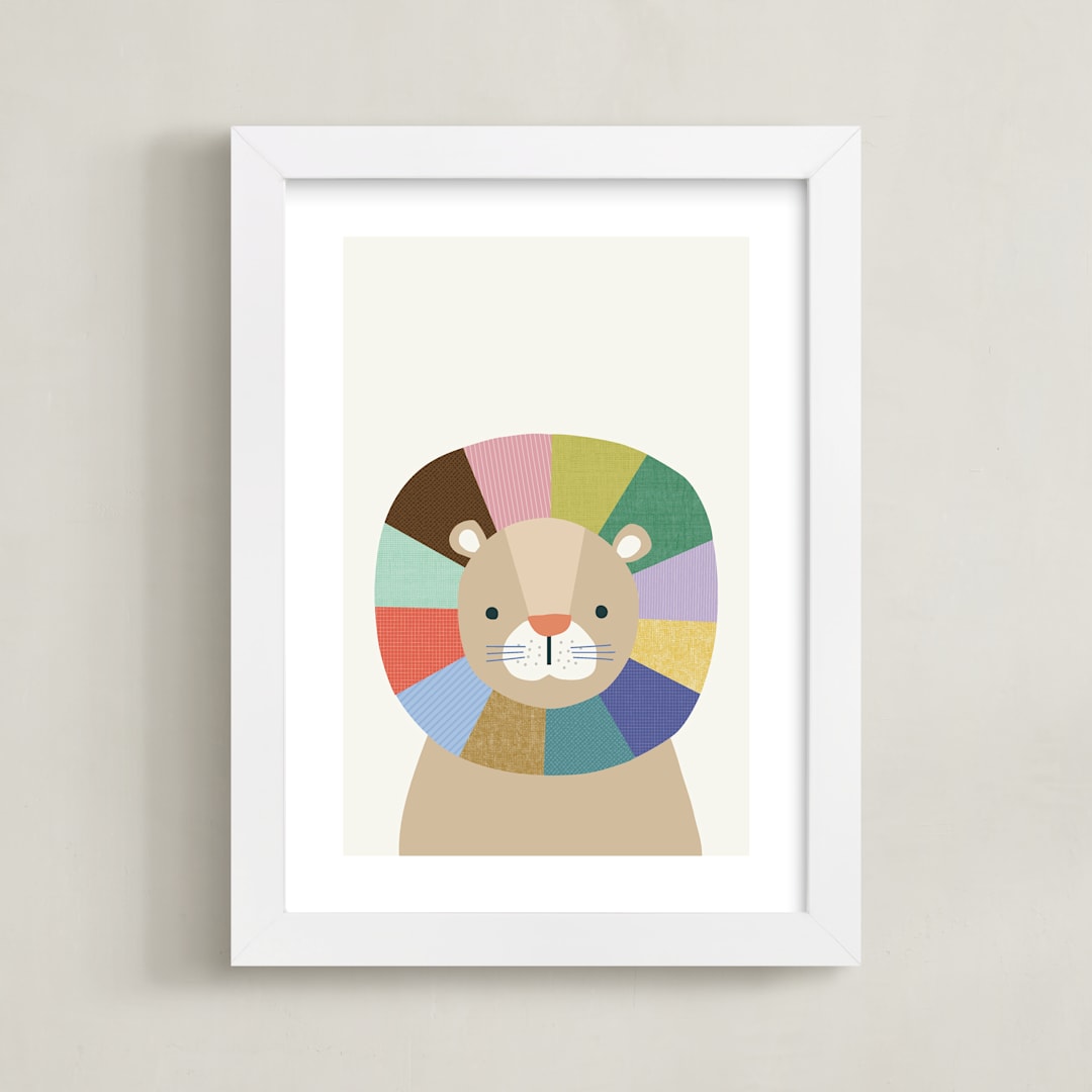 "Quilted Lion" - Art Print in Rainbow by Kelly Watkins - Framed