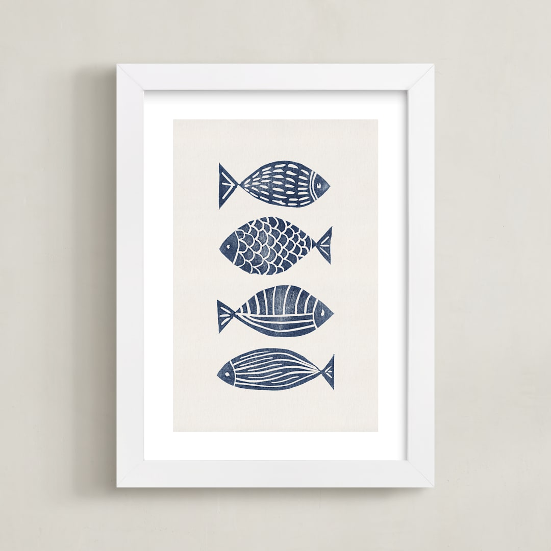 "Linocut Fishes" - Art Print in Navy Blue by Alisa Galitsyna - Framed