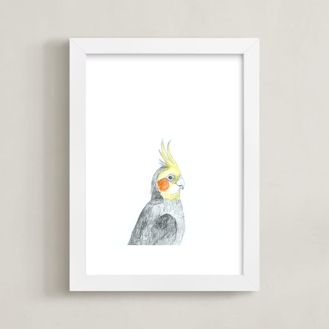 "Cockatiel" - Art Print in Grey with a splash of yellow by Kirsta Benedetti - Framed