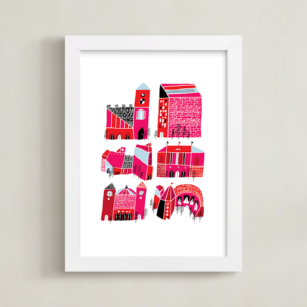 "Little Buildings" - Art Print in fuschia by Elliot Stokes - Framed