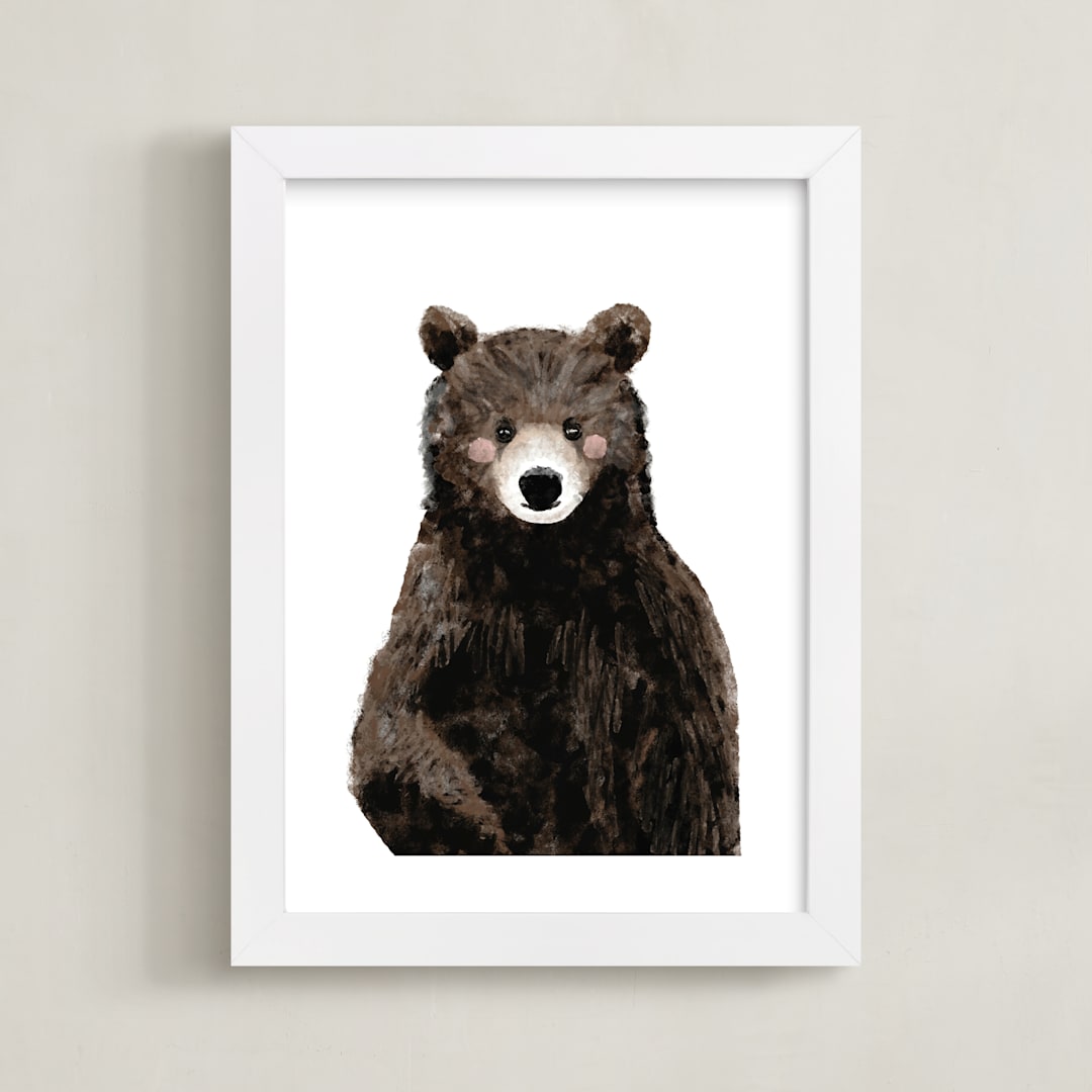 "Baby Animal Bear" - Art Print in Woodland Brown by Cass Loh - Framed
