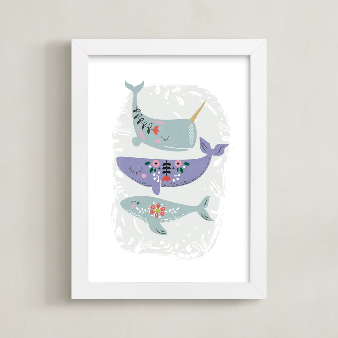 "Folk Whales" - Art Print in Mint by Hannah Williams - Framed