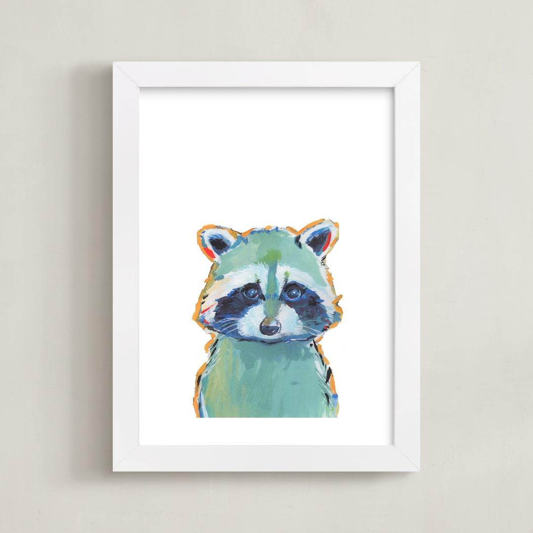 "Mr. Raccoon" - Art Print in Teal by Makewells - Framed