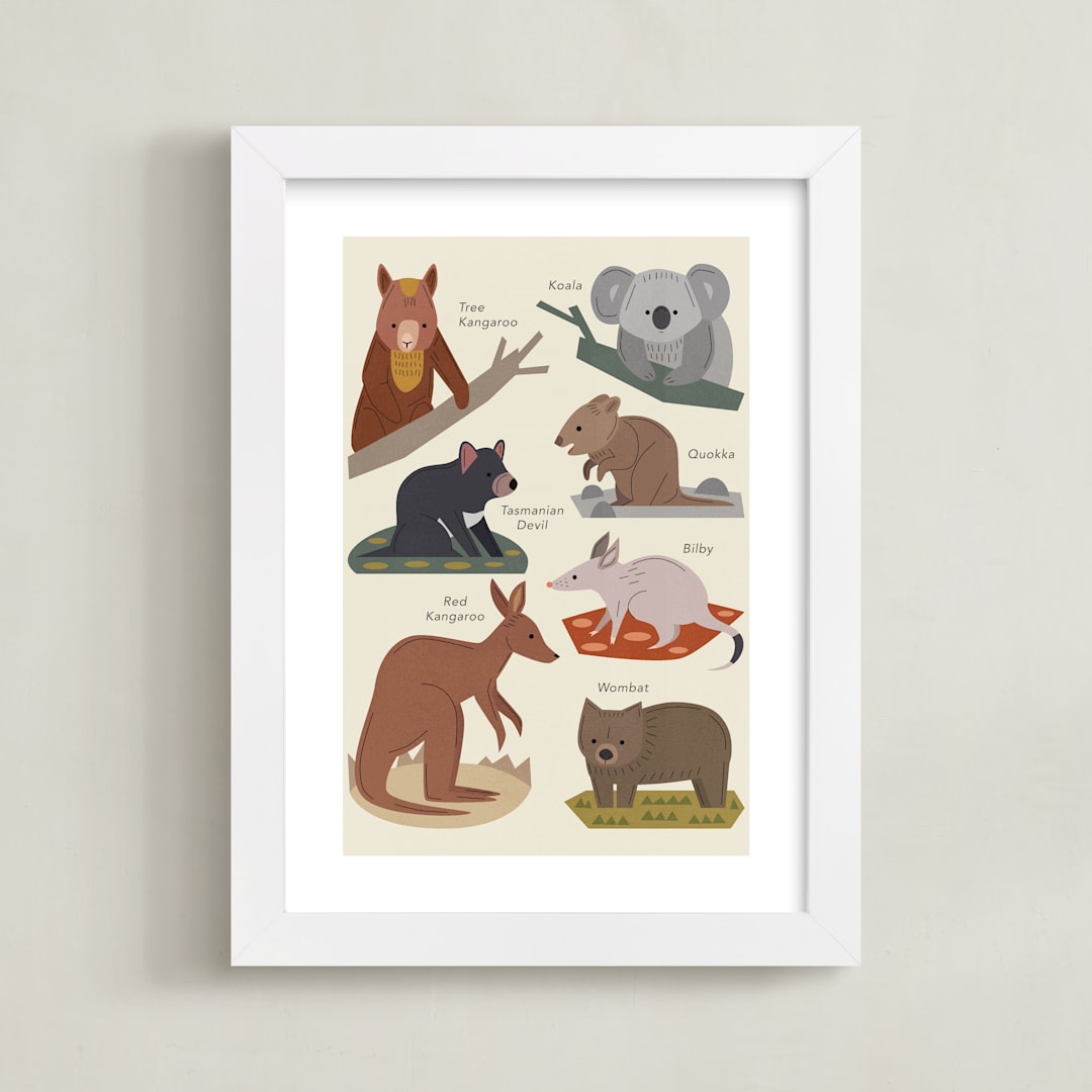 "Aussie Marsupials" - Art Print in Cream by Amy Mullen - Framed