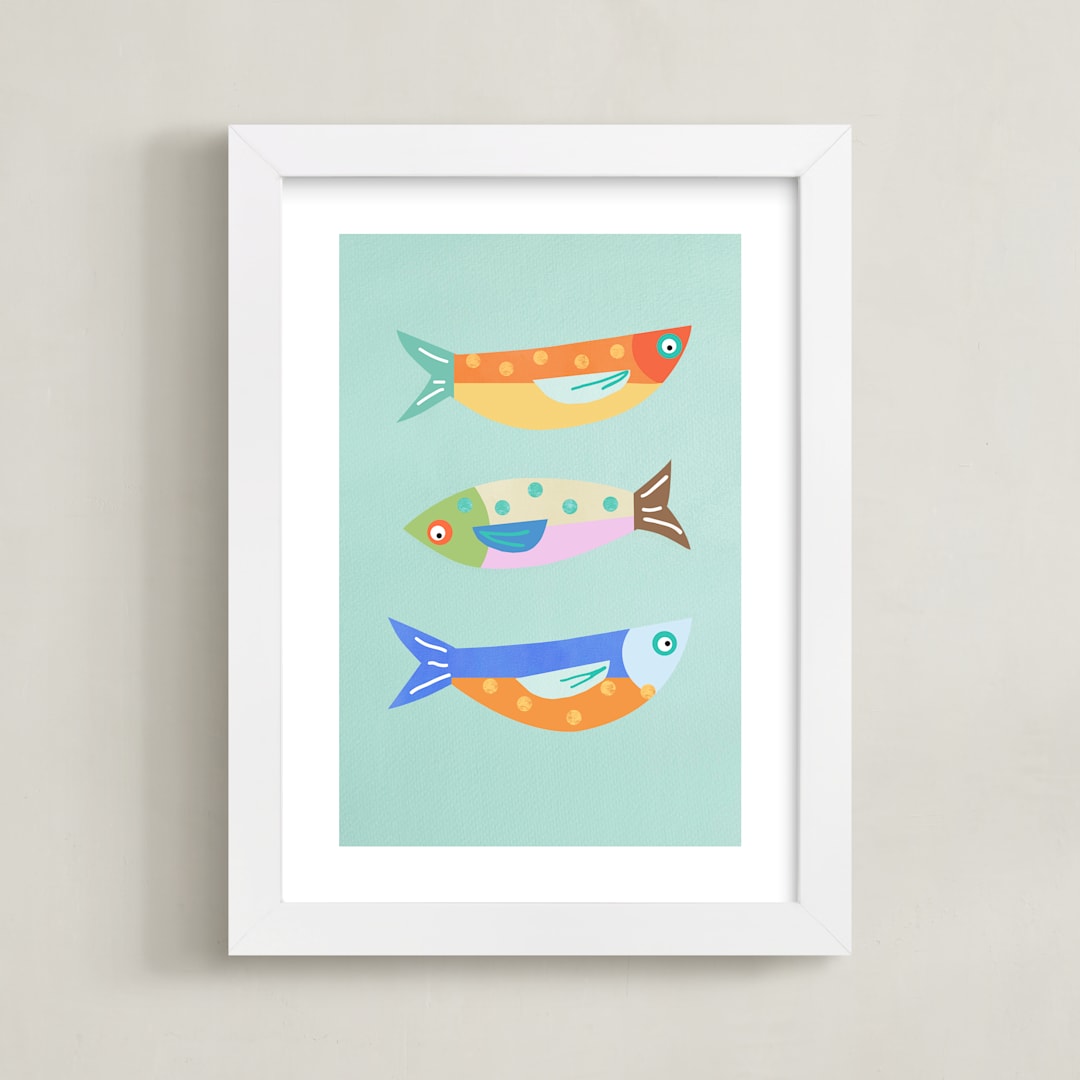 "Fun Sardines!" - Art Print in Blue by AlisonJerry - Framed