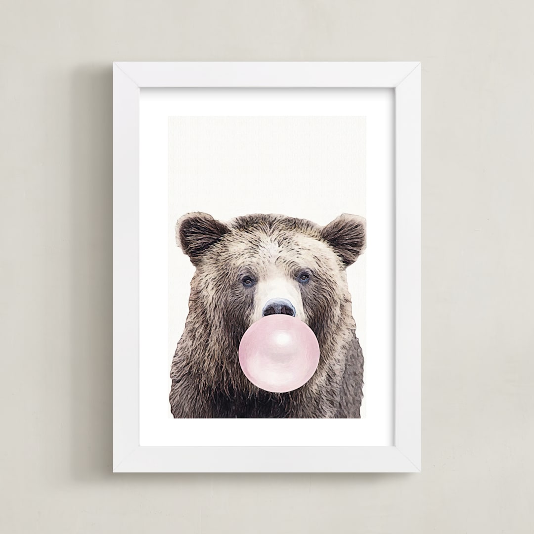 "Bubblegum: Bear" - Art Print in bubblegum pink by Maja Cunningham - Framed