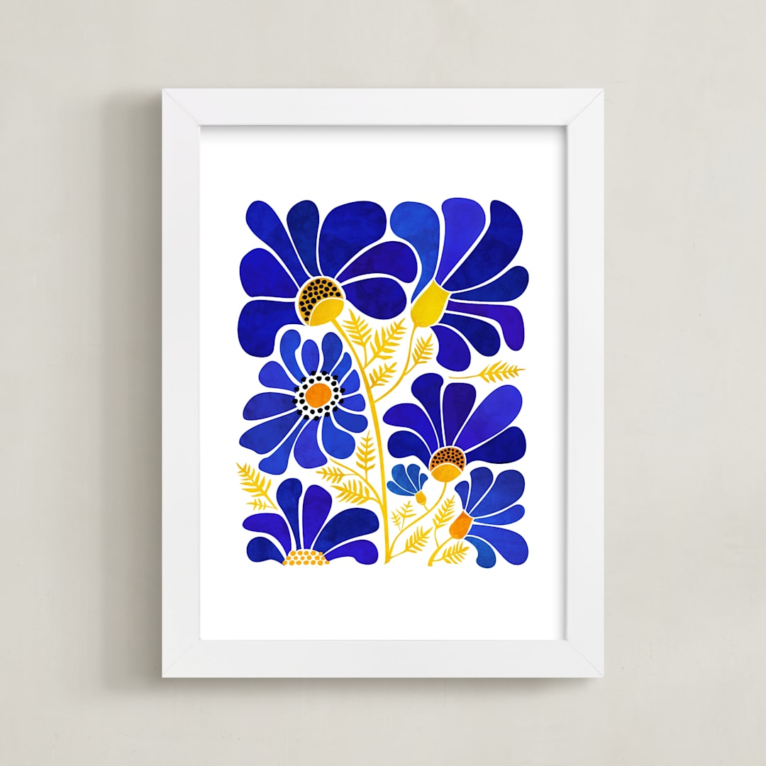 "The Happiest Flowers" - Art Print in Cobalt Blue by Kristian Gallagher - Framed